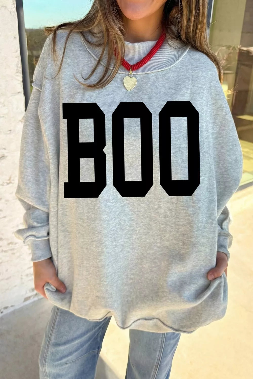 Halloween BOO & Bat Printed Reversible Mock Neck Sweatshirt in gray boo, front view