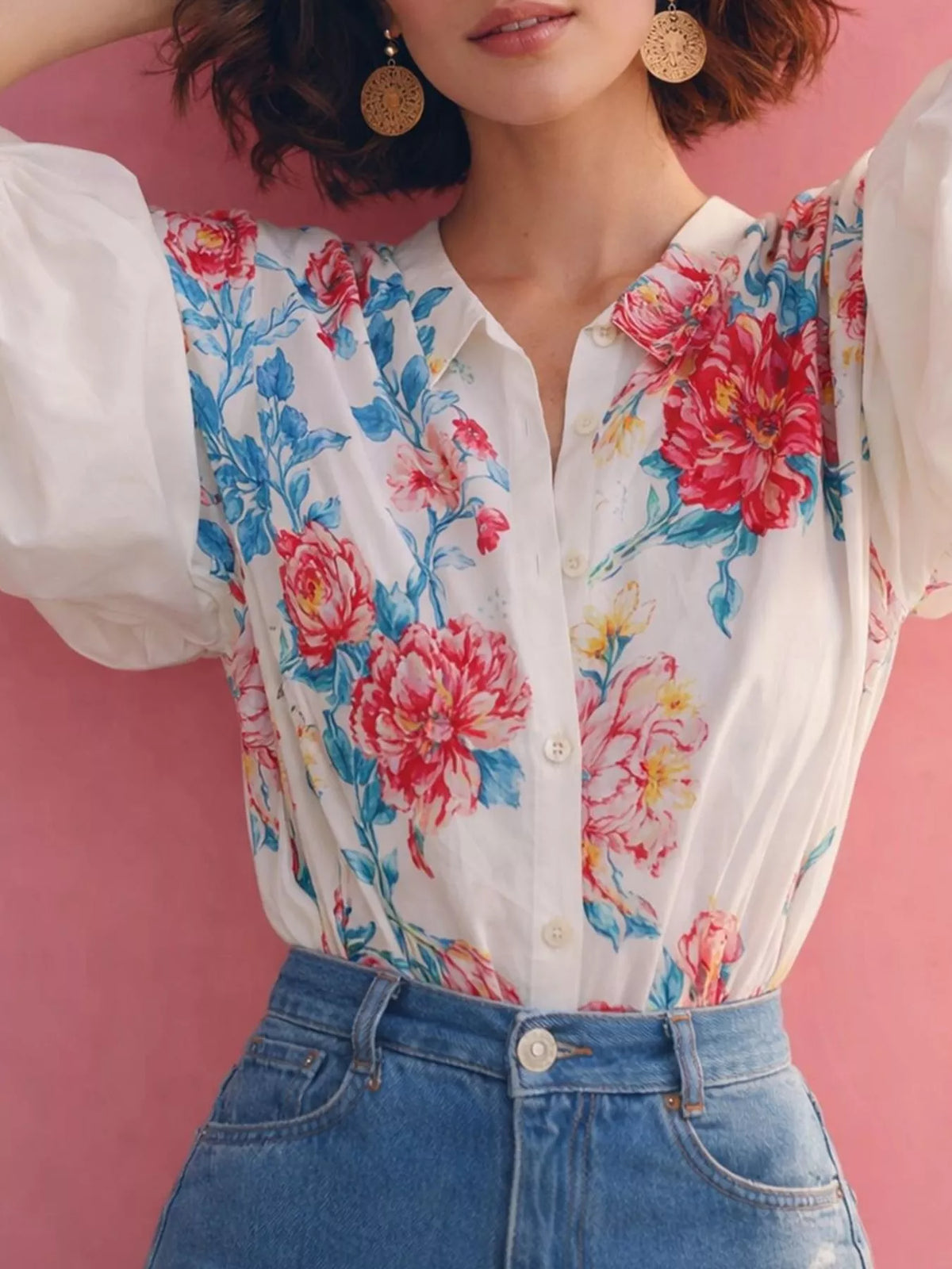 Floral V-Neck Puff Sleeve Shirt, front view