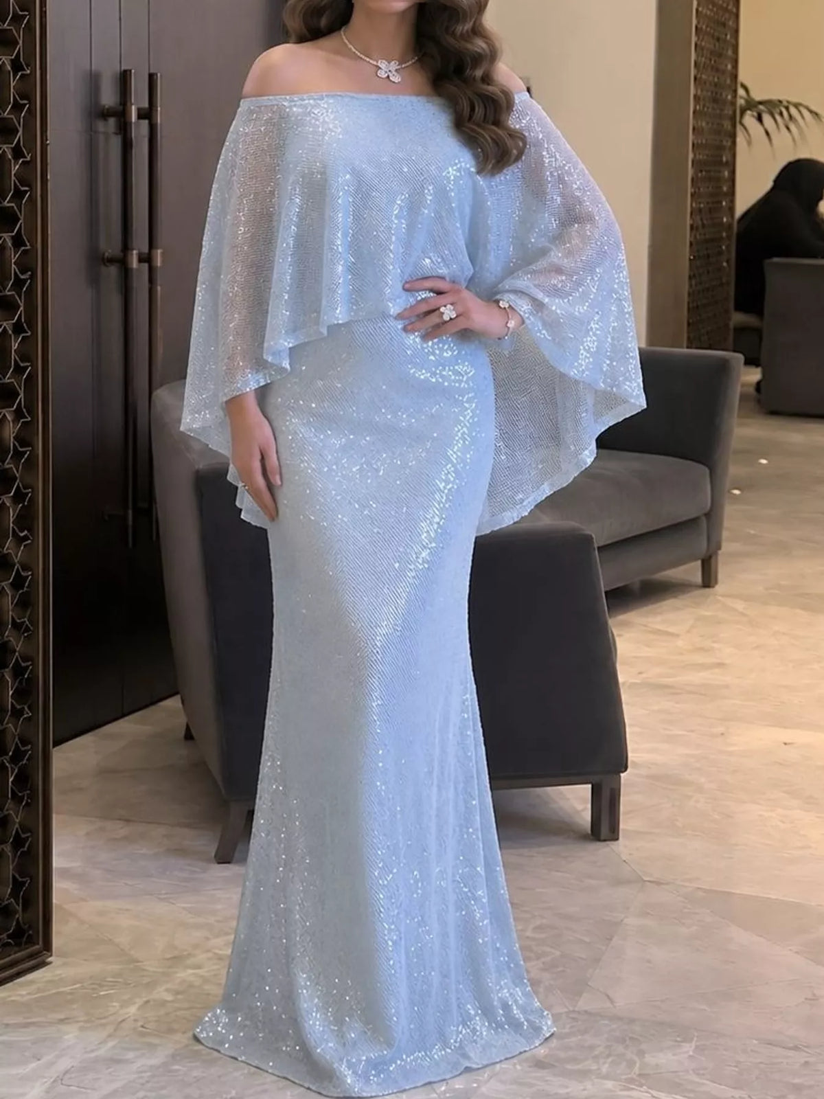 Sequin Off-Shoulder Cape Evening Maxi Dress — front view