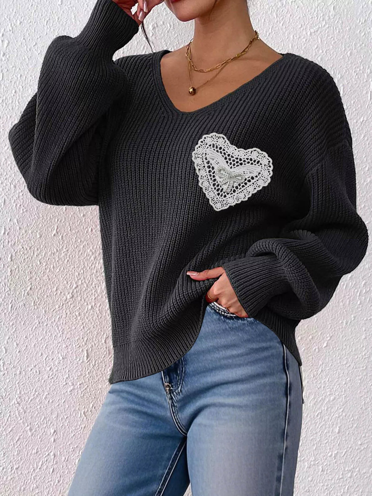 Black Lace Heart Dropped Shoulder Sweater front view