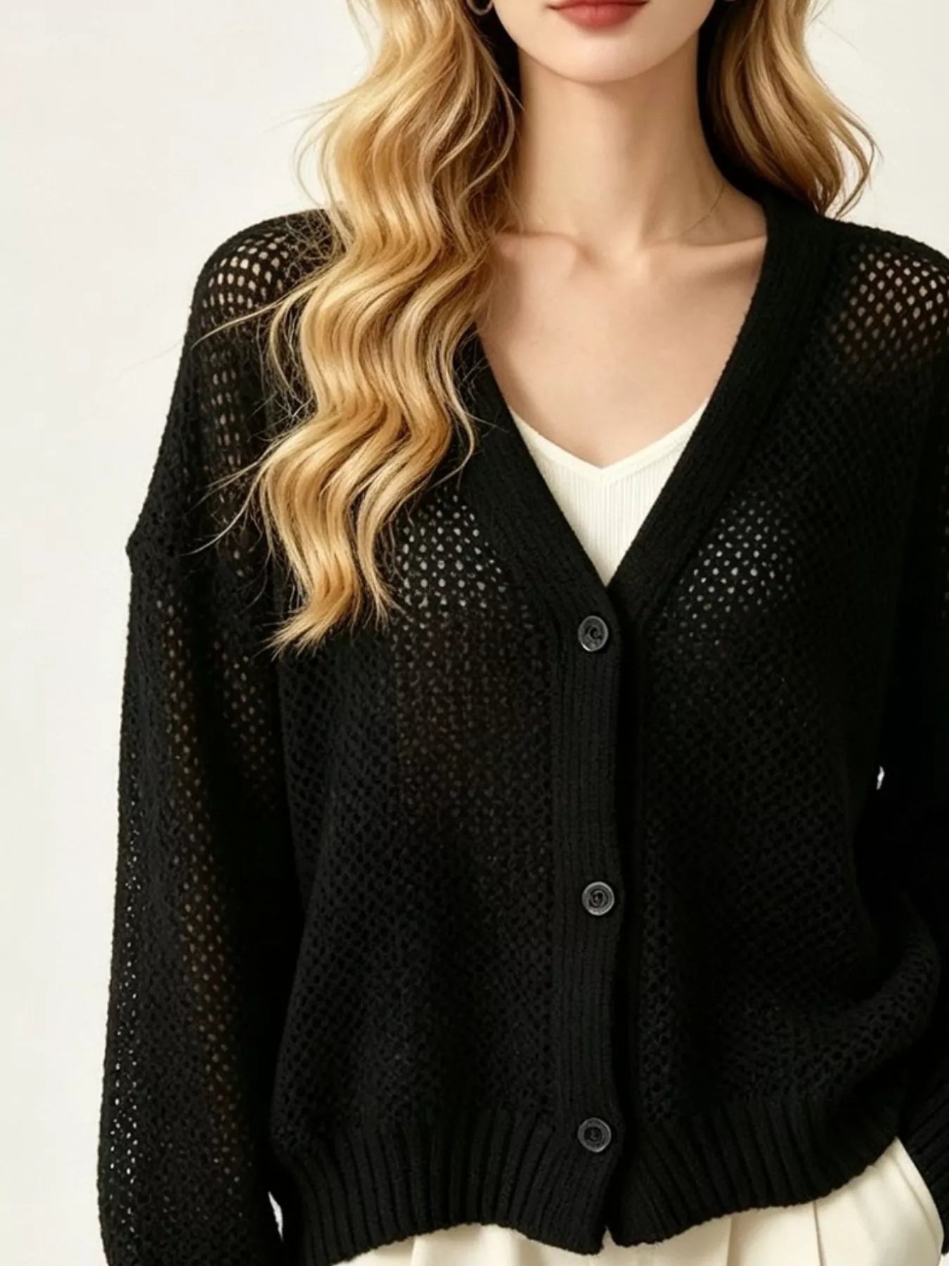 Trendsi V-Neck Open-Knit Button-Down Cardigan -
