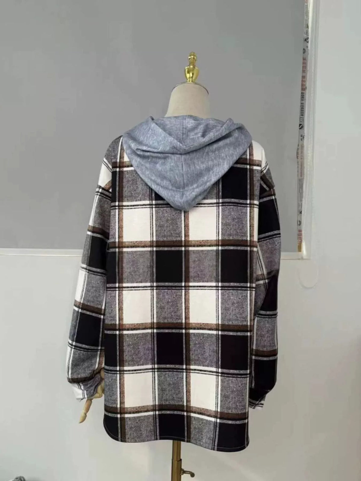 Button-Down Printed Contrast Hooded Shacket — garment back