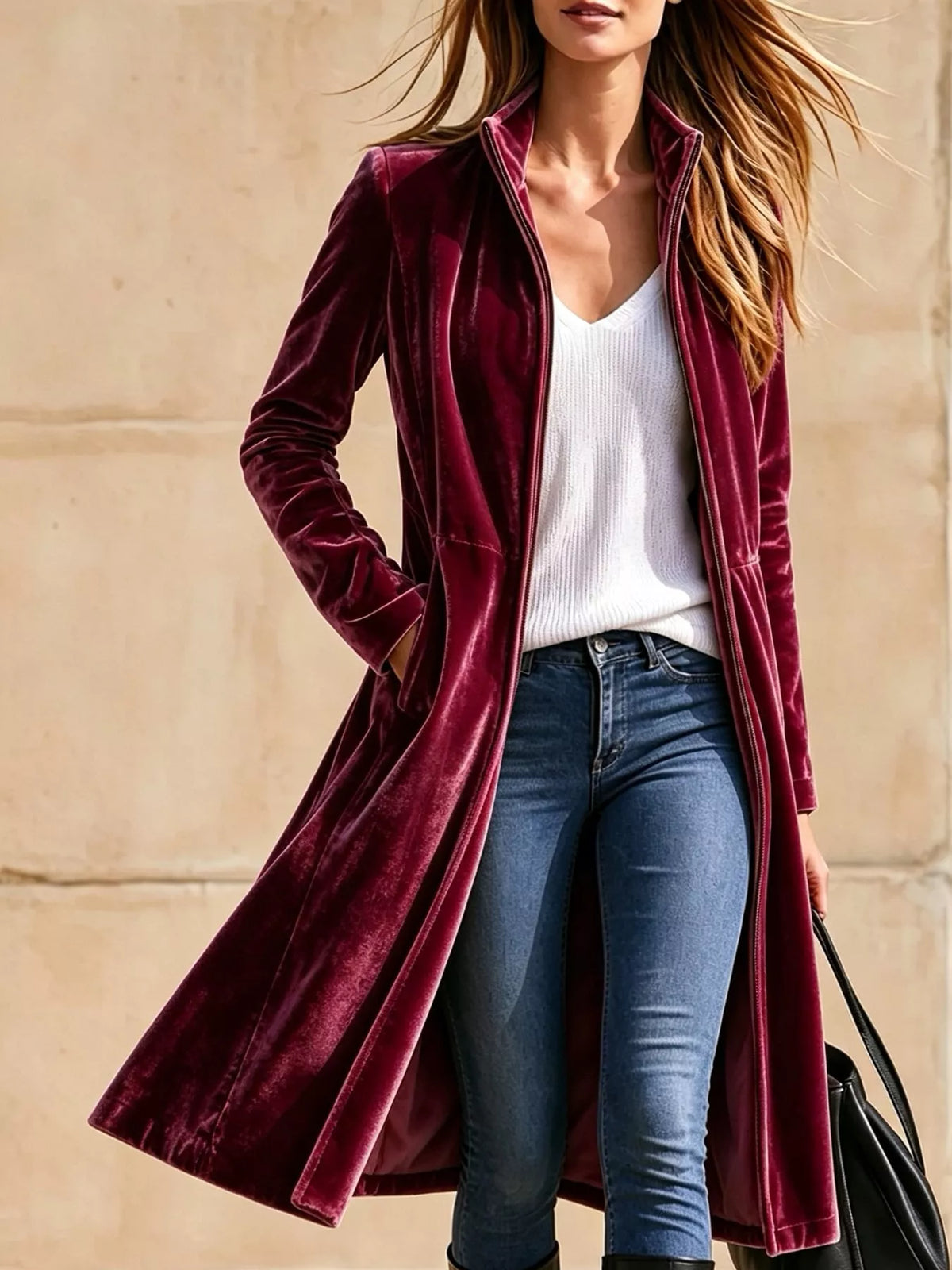 Burgundy velvet zip-up longline jacket