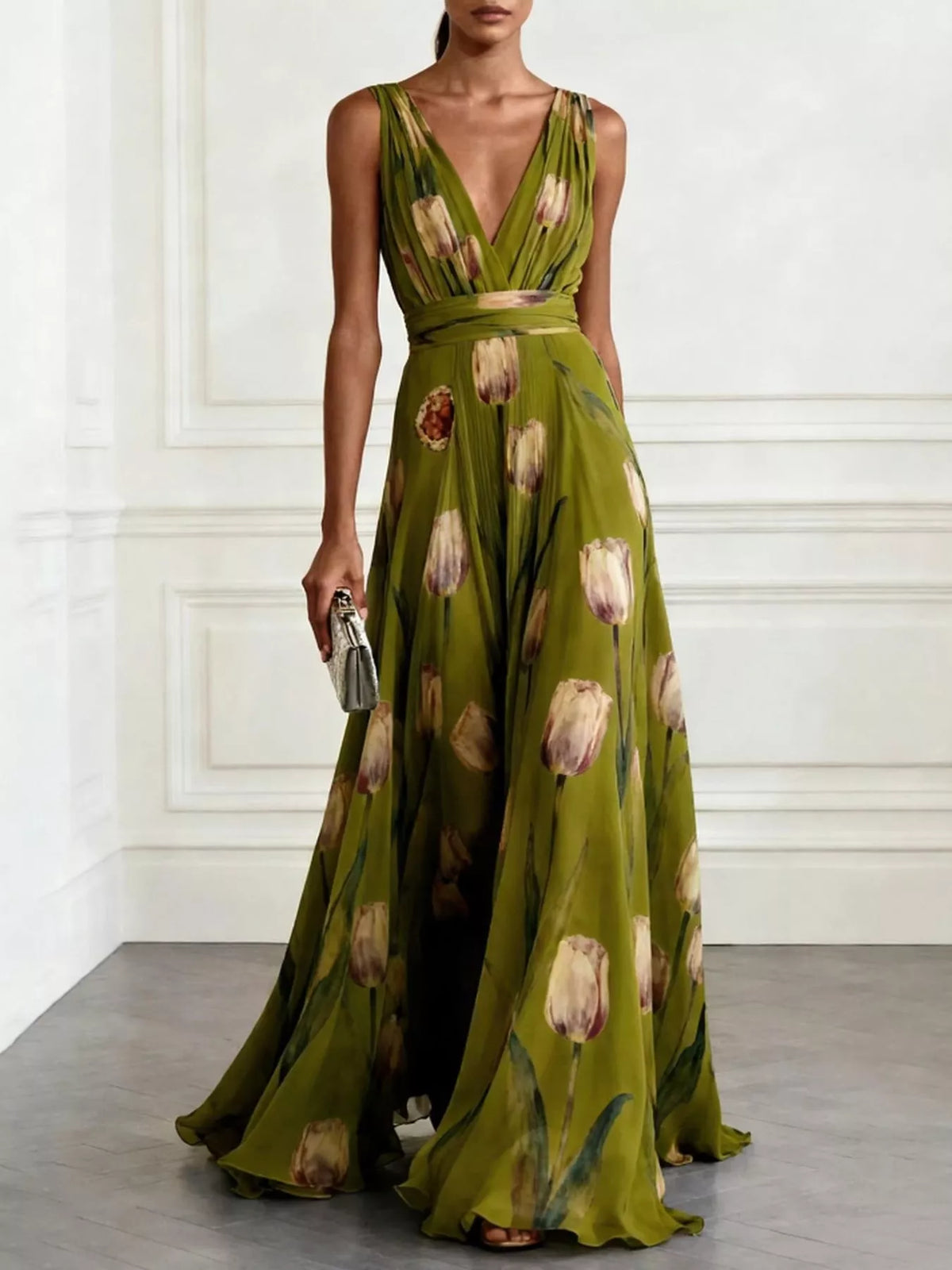 Women's Sleeveless Floral Print Maxi Dress in green floral — front view