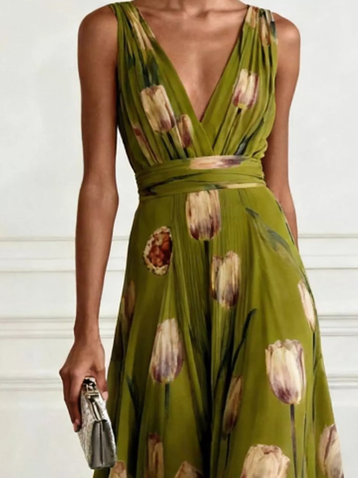 Women's Sleeveless Floral Print Maxi Dress in green floral — bodice detail view