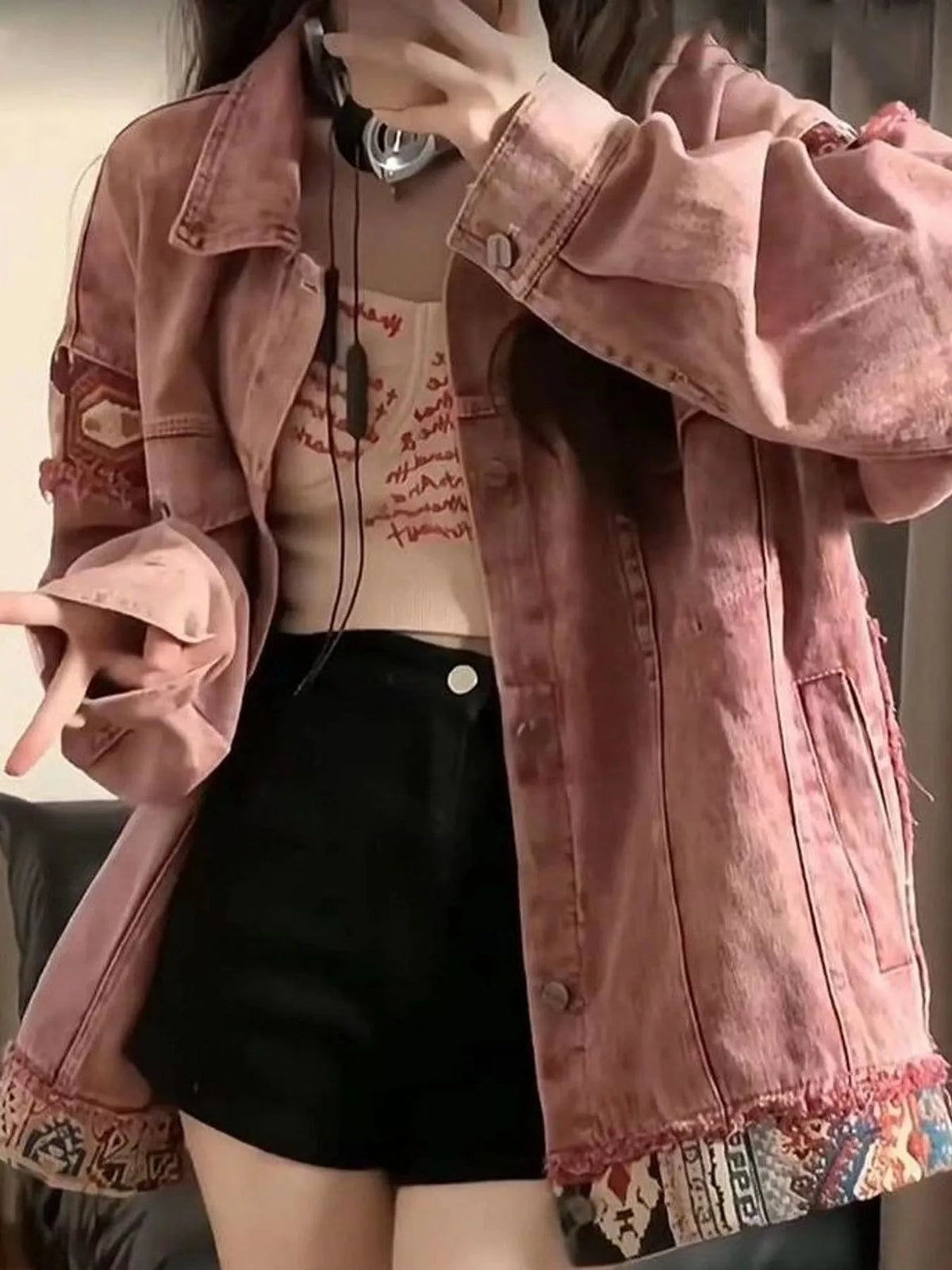 Pink-New Arrival-3057-Premium Version patchwork detail denim jacket