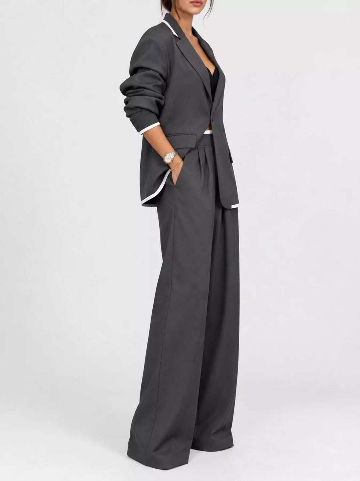 Dark Gray contrast-trim blazer and wide-leg pants set