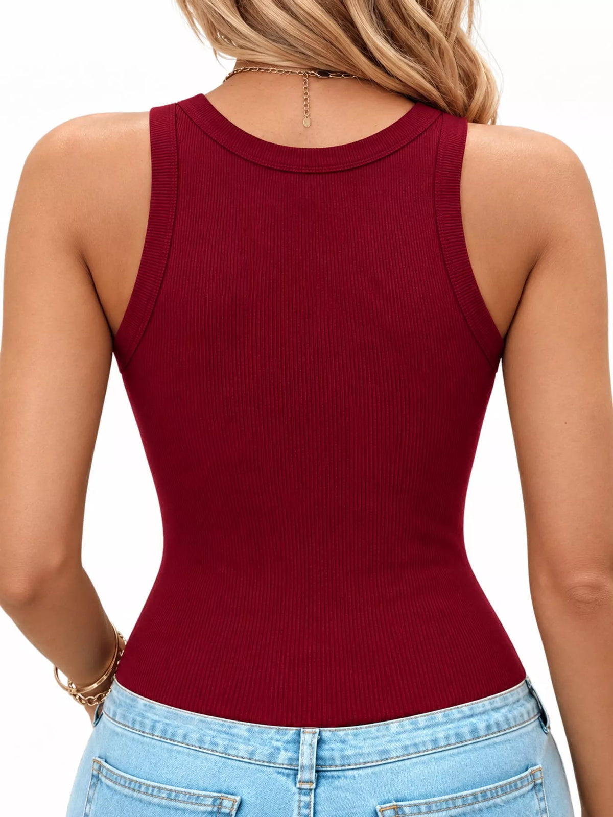 Burgundy ribbed knit slim fit tank top, back view