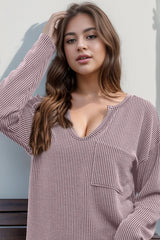 Trendsi Double Take Striped Notched Long Sleeve T-Shirt - Shirts