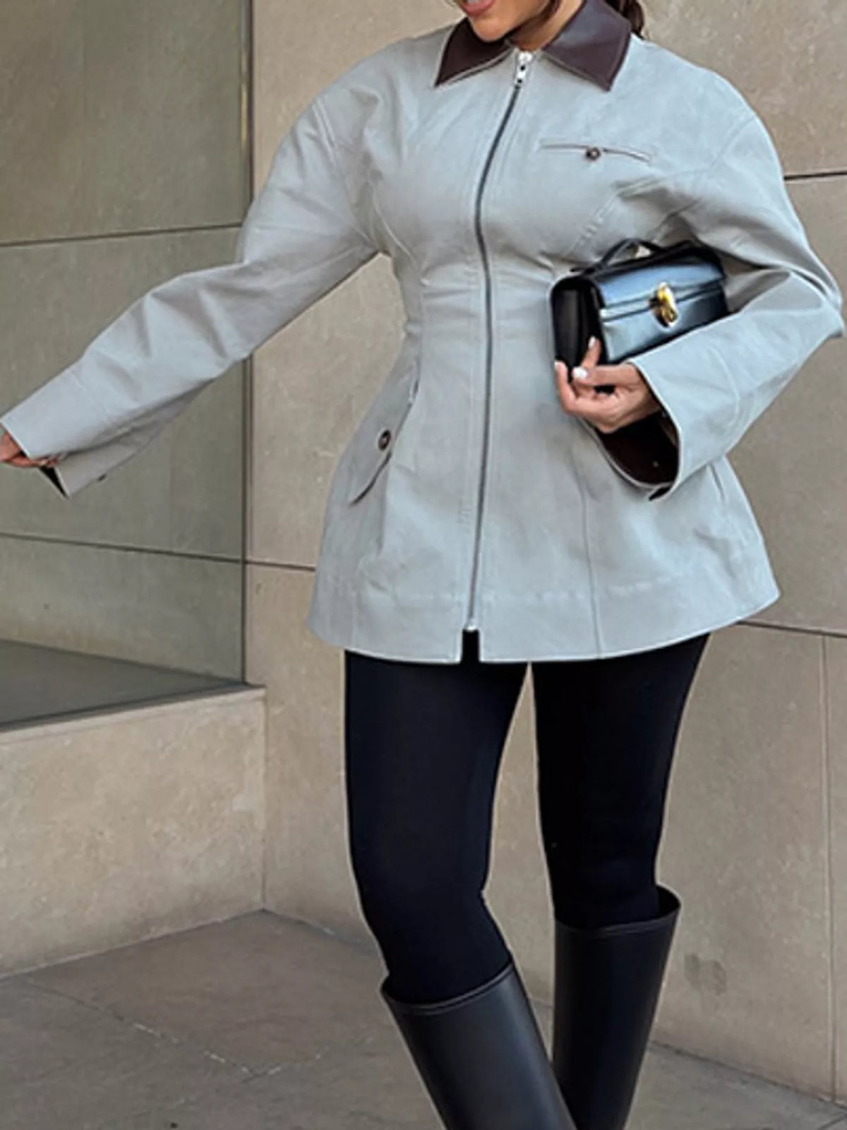 Pale gray-green contrast collar zip-up jacket — front view