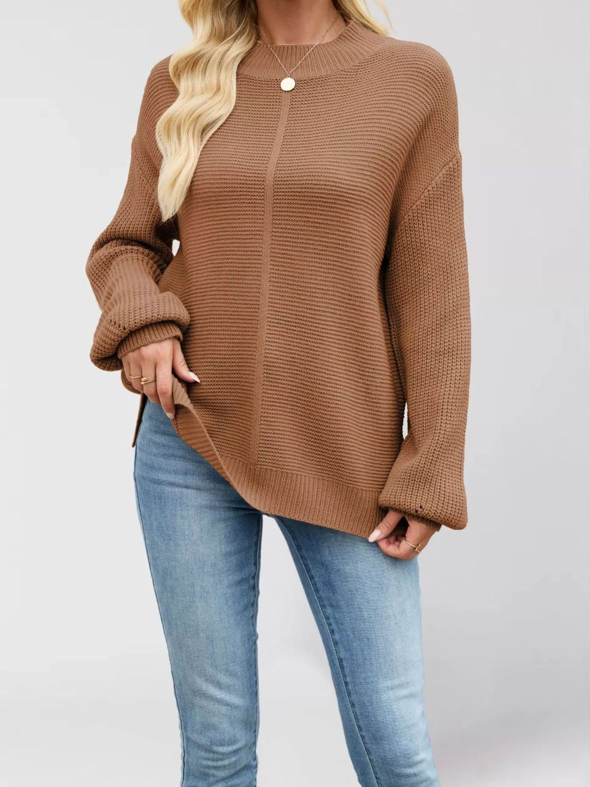 Trendsi Ribbed Mock Neck Drop Shoulder Sweater -