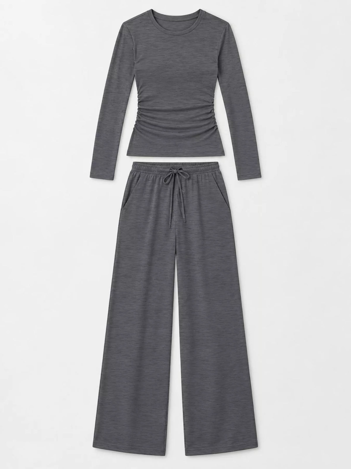 Long Sleeve Ruched Top and Wide-Leg Drawstring Pants Set — garment front