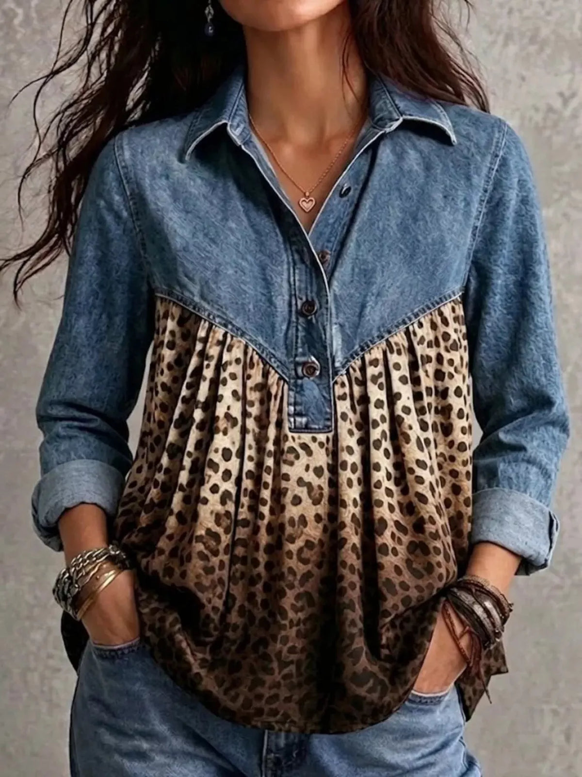 Light blue leopard-panel button-front blouse, front view
