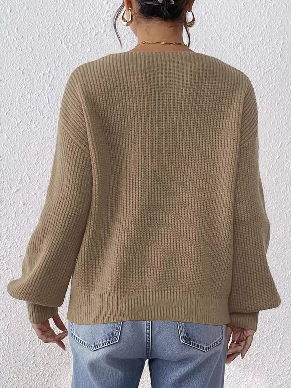 Camel Lace Heart Dropped Shoulder Sweater back view