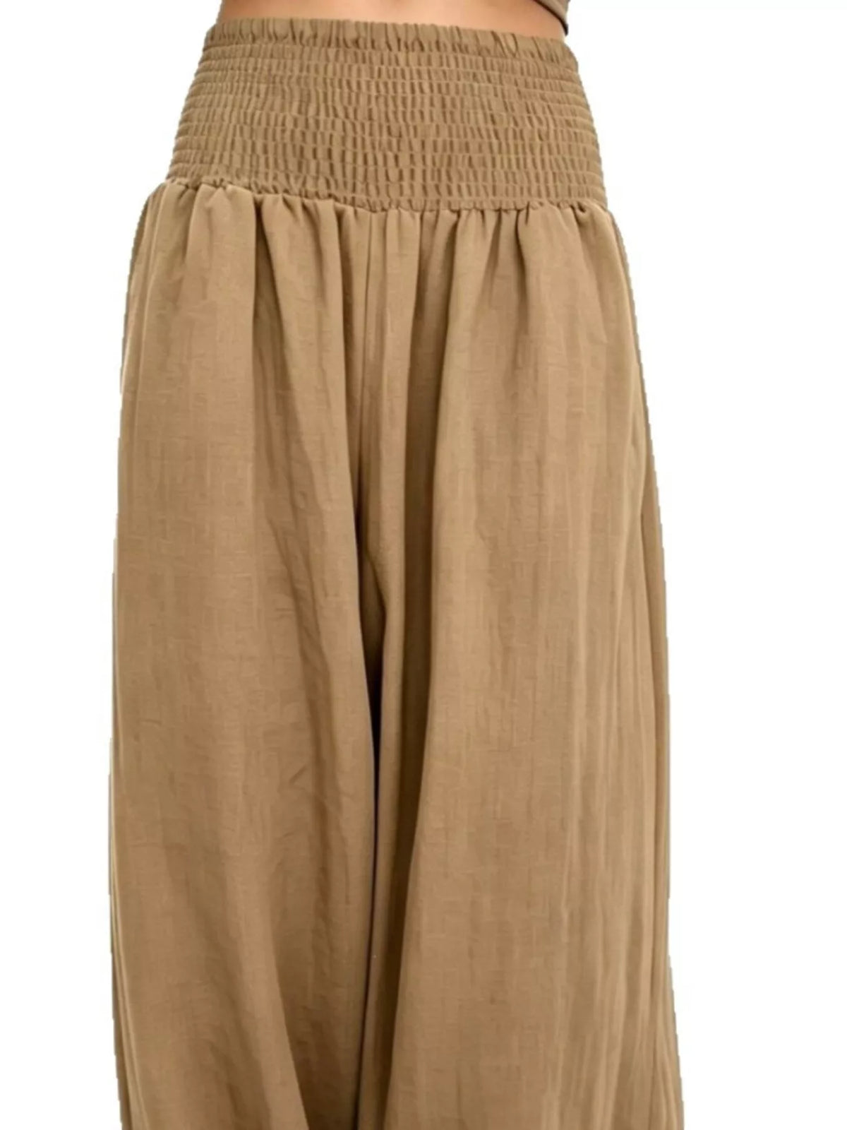 Women's Smocked Harem Pants in camel — waist detail view