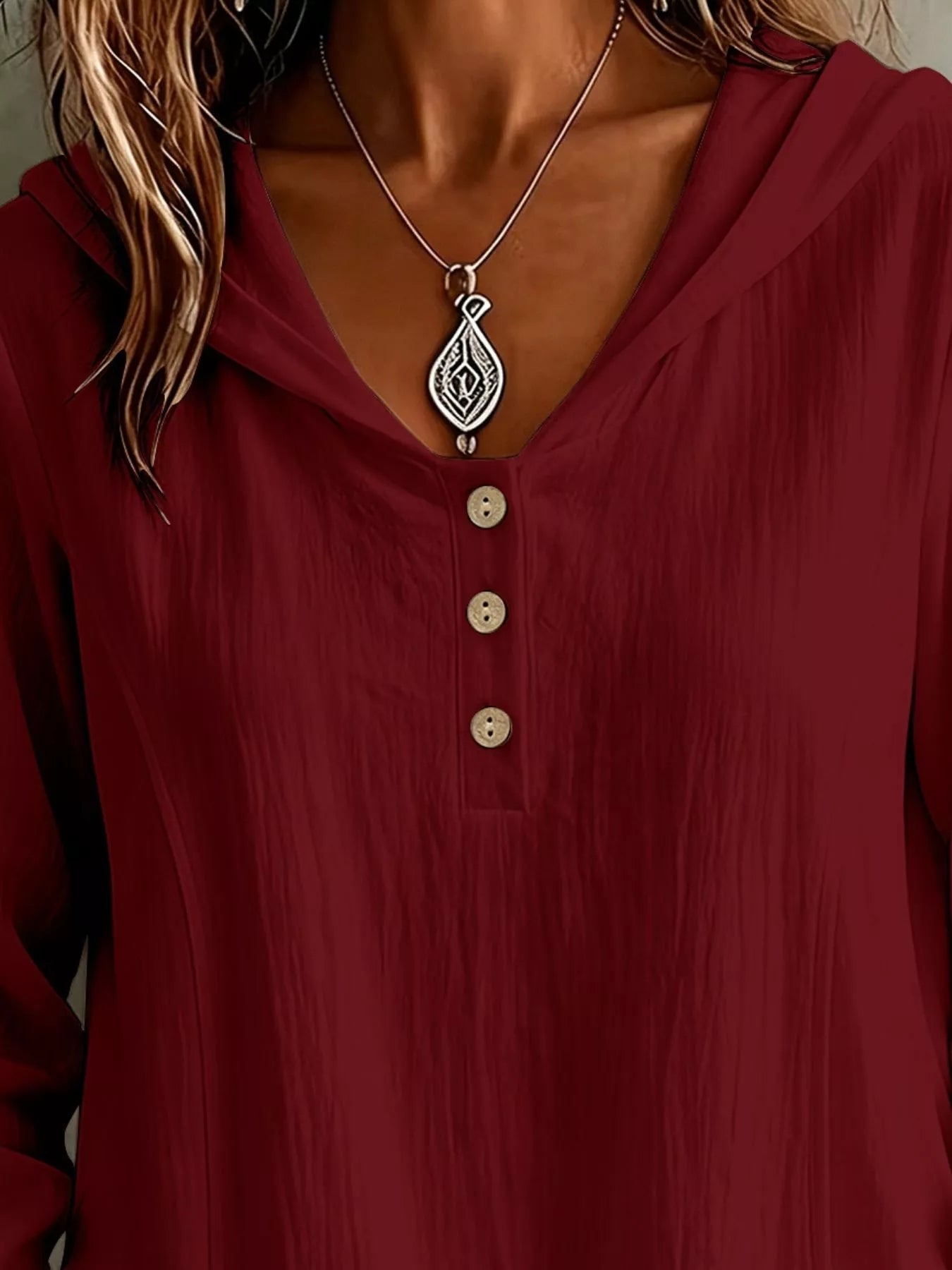 Trendsi Button Detail Long Sleeve Hooded Blouse -
