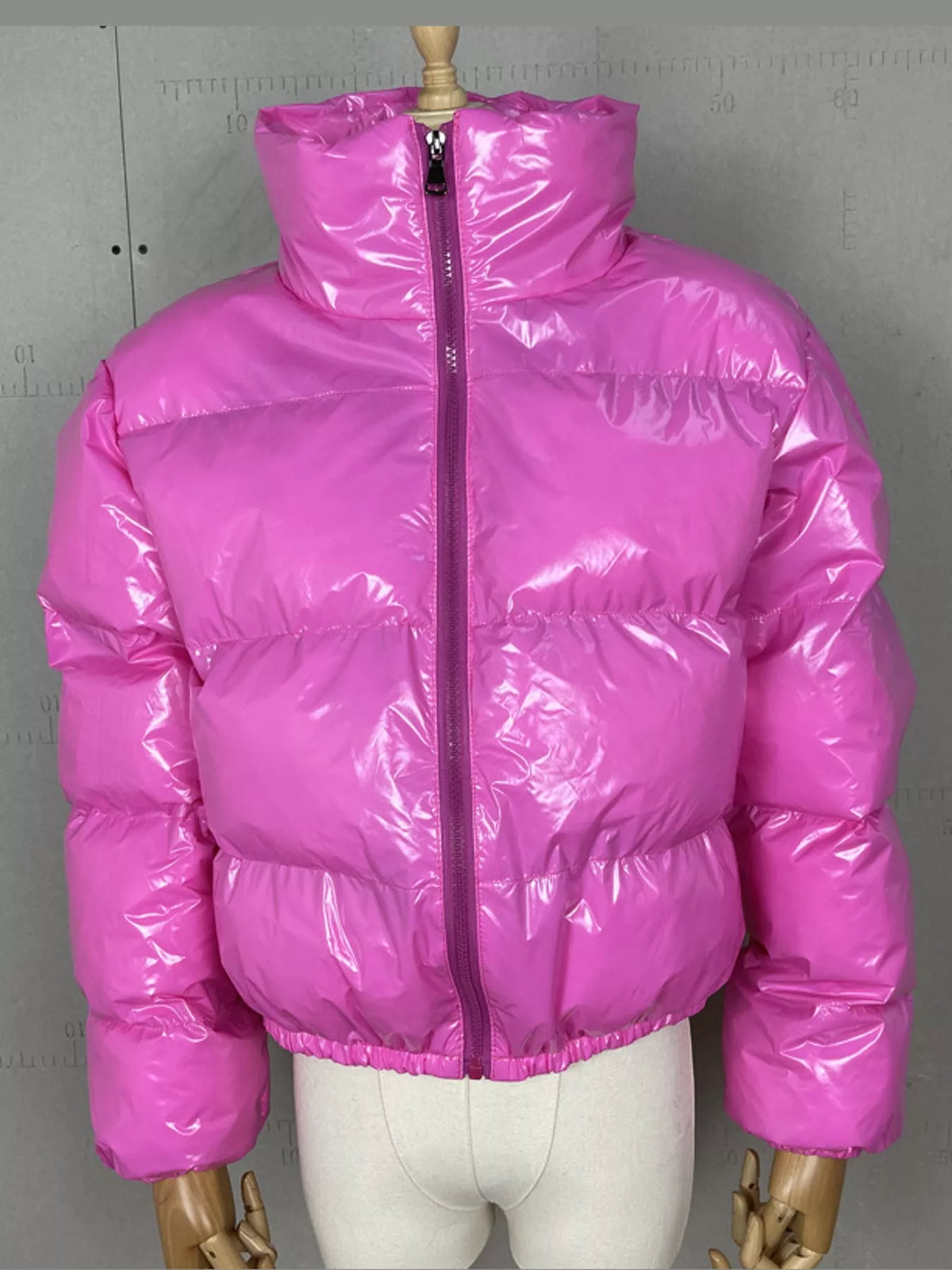 Glossy Stand-Collar Zip-Up Puffer Jacket — garment front