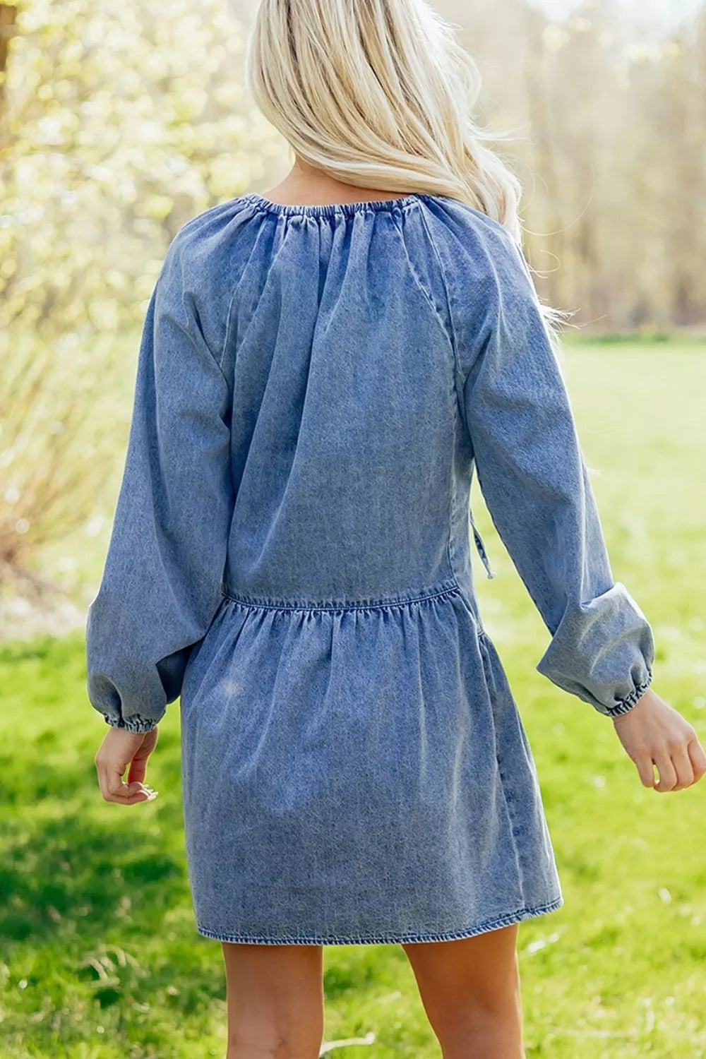 Trendsi Puff Sleeve V Neck Ruffled Loose Denim Mini Dress -