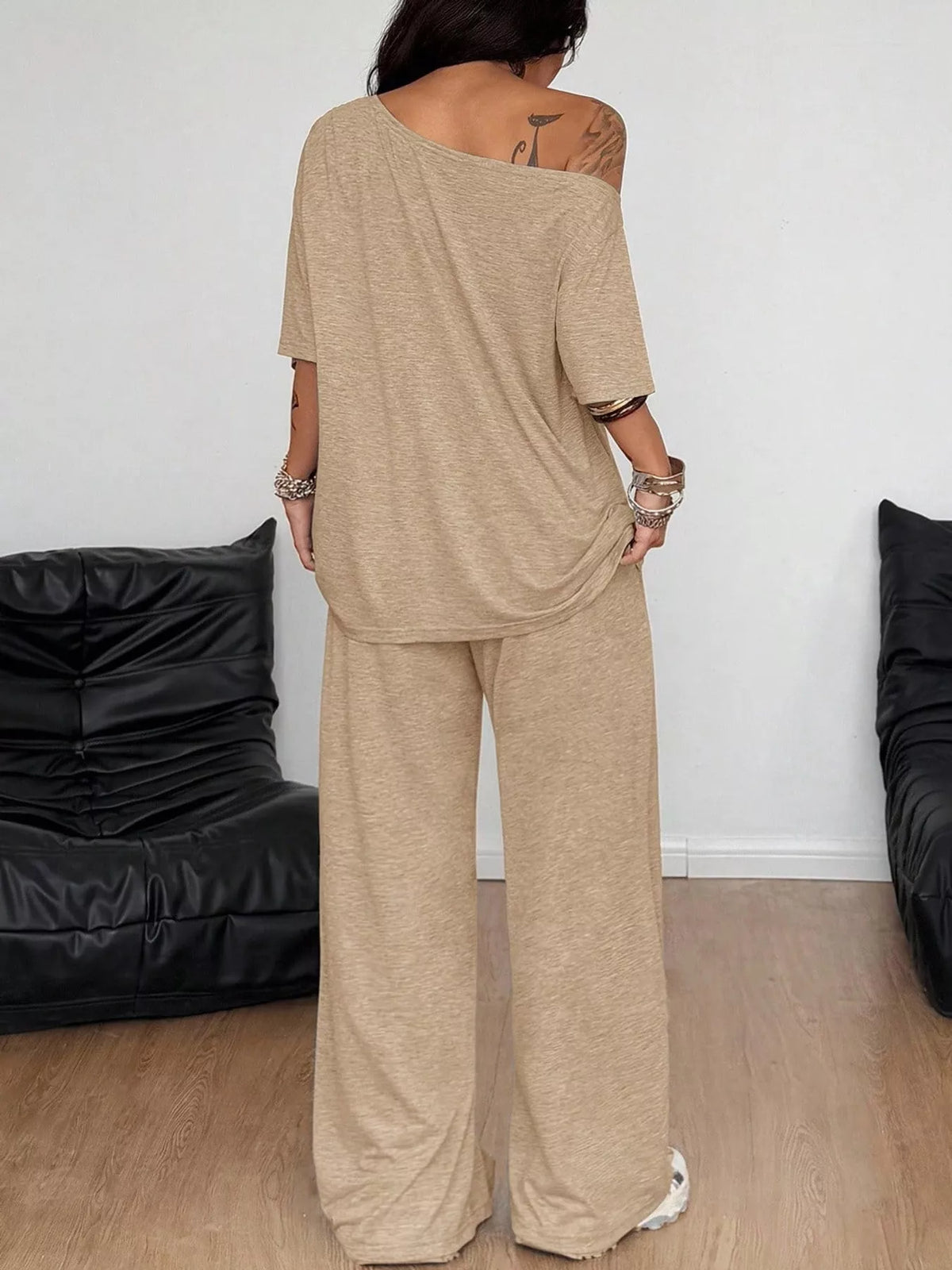Tan boat neck top and wide-leg pants set — back view