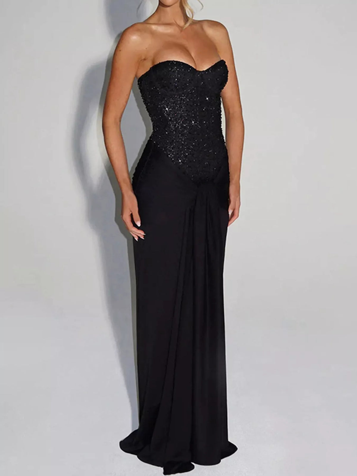 Strapless Sequin Corset Maxi Dress, front view