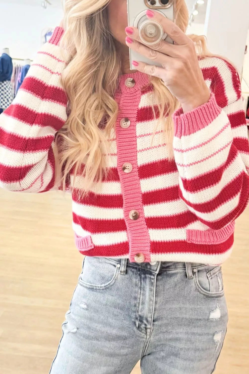 Trendsi Stripe V Neck Long Sleeve Regular Fit Cardigan -