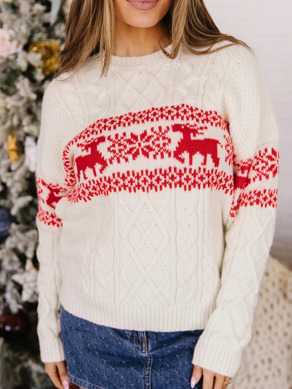 Reindeer Cable Knit Christmas Sweater in cream, front view
