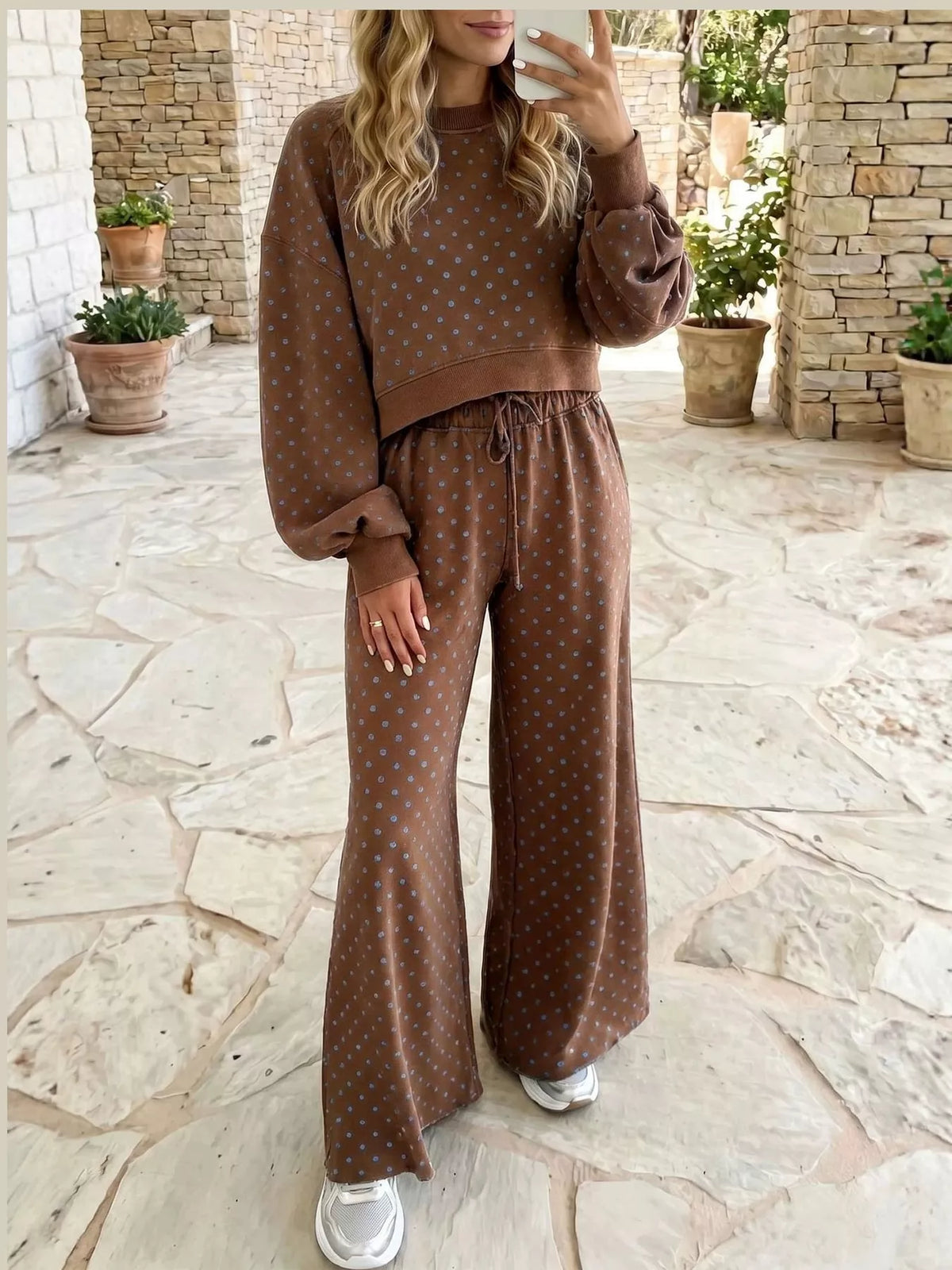 Brown swiss dot crop top and wide-leg pants set — front view