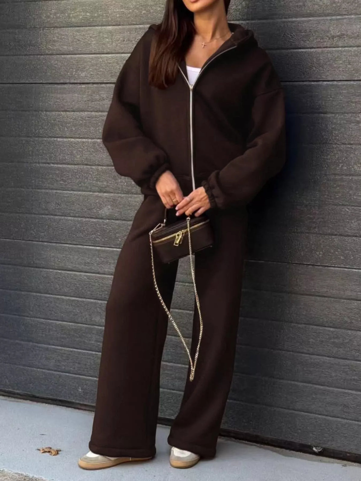 Trendsi Zip-Up Hoodie and Wide-Leg Sweatpants Set -