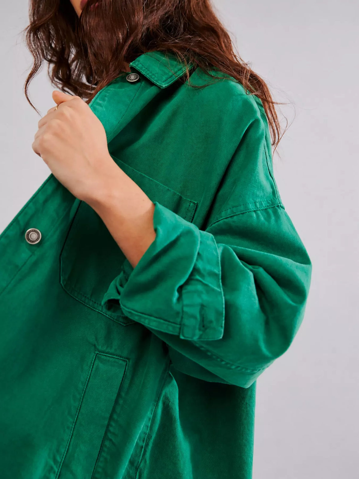 Green button up long sleeve denim jacket