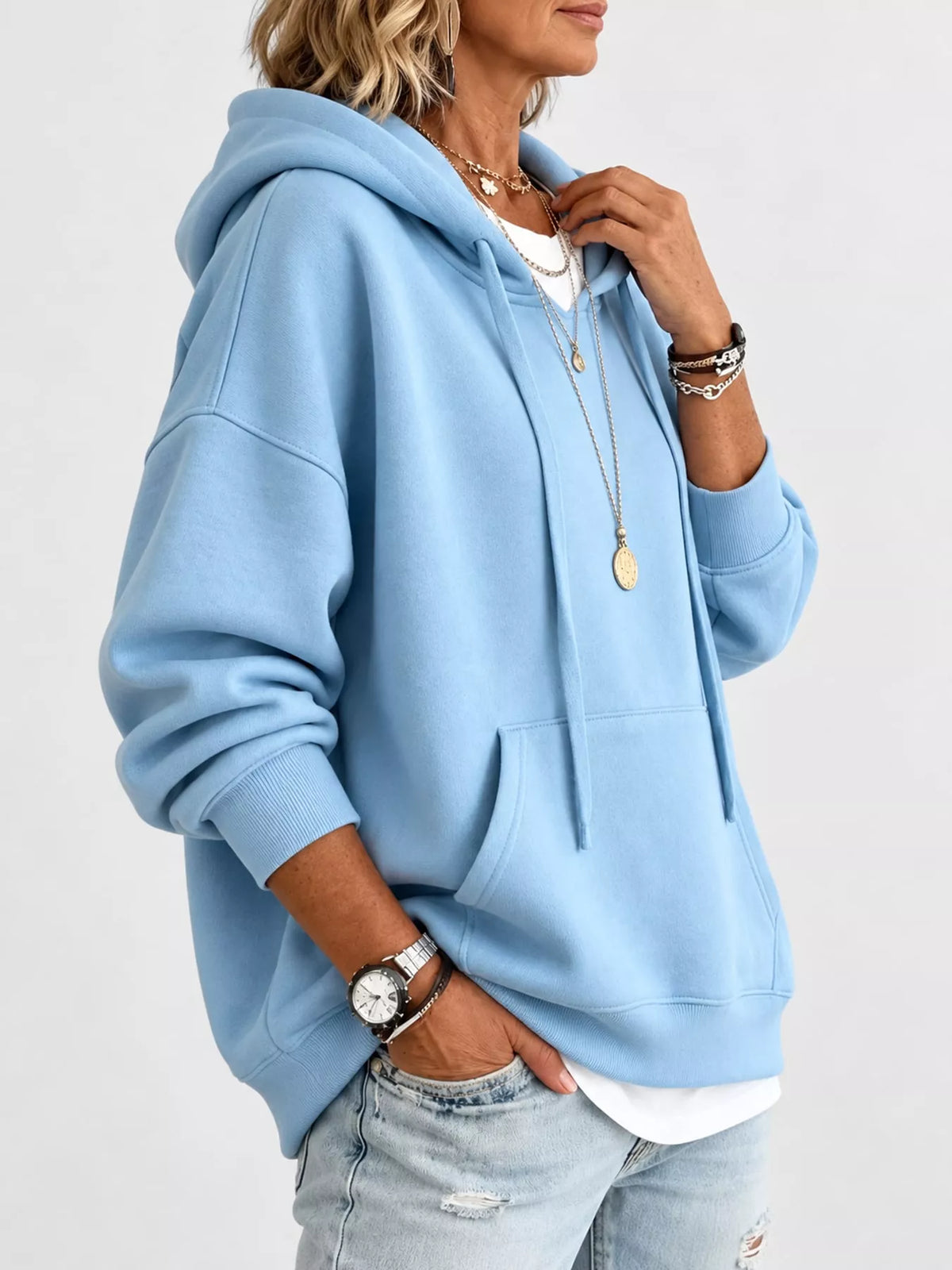 Women's Drawstring Dropped Shoulder Hoodie in light blue — side view