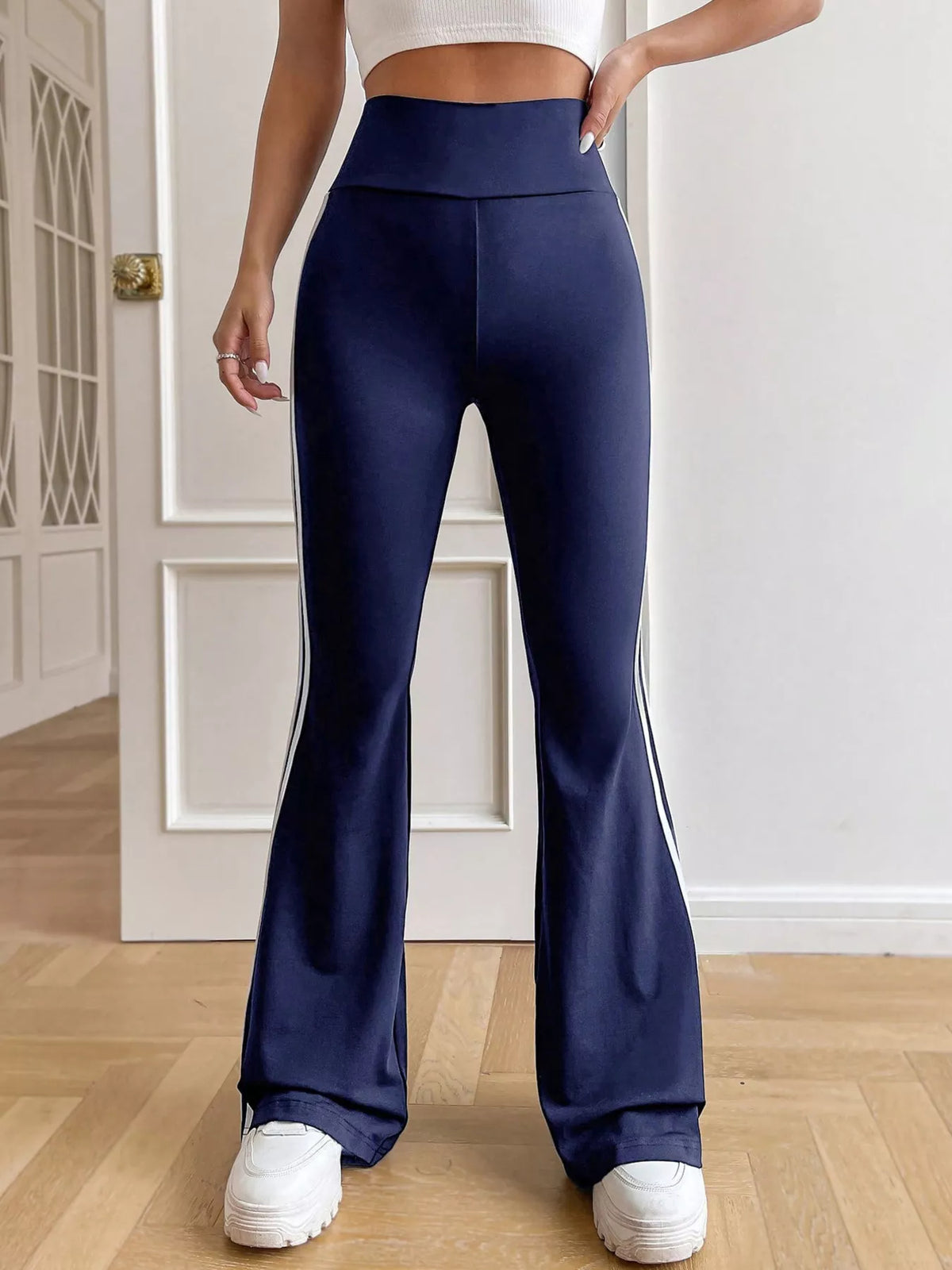 Blue and white strips high-waisted side-striped flare active pants