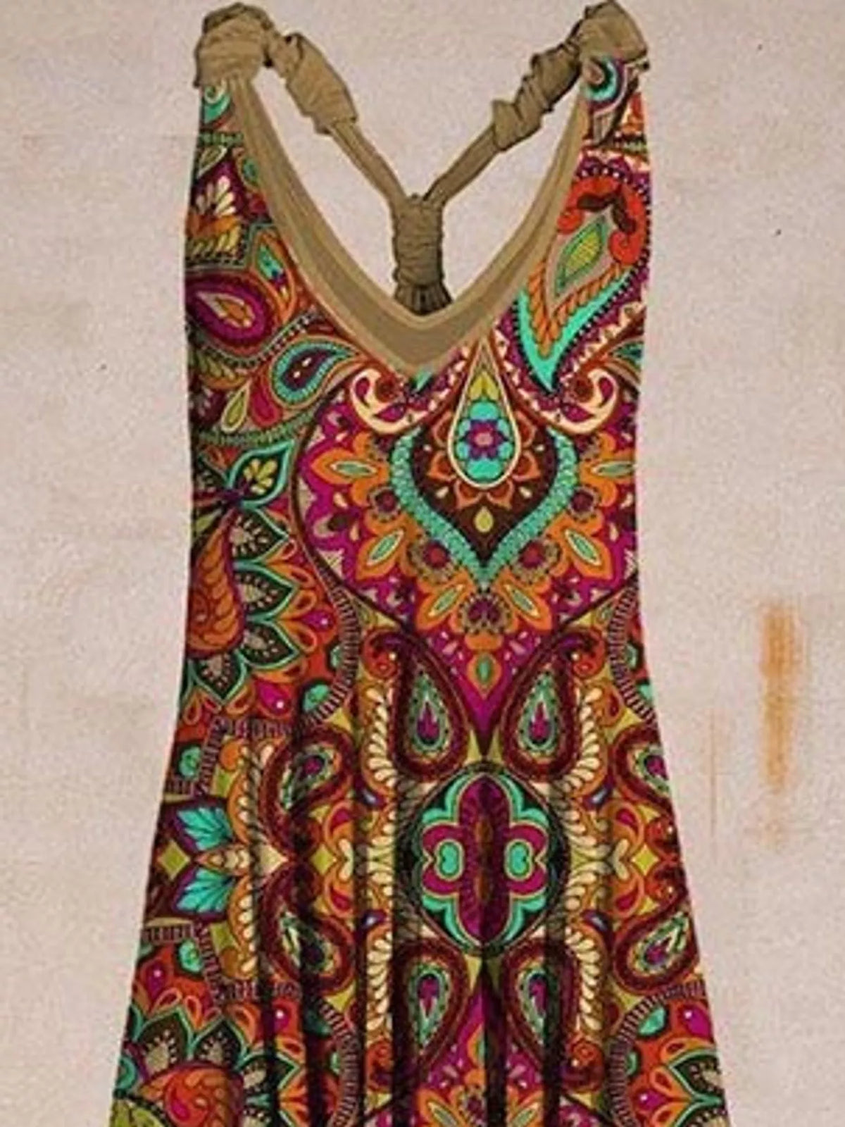 Multicolor paisley-print V-neck sleeveless jumpsuit, neckline and strap detail