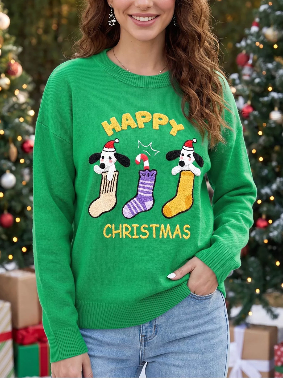 Christmas patch sweater, green Christmas sweater front