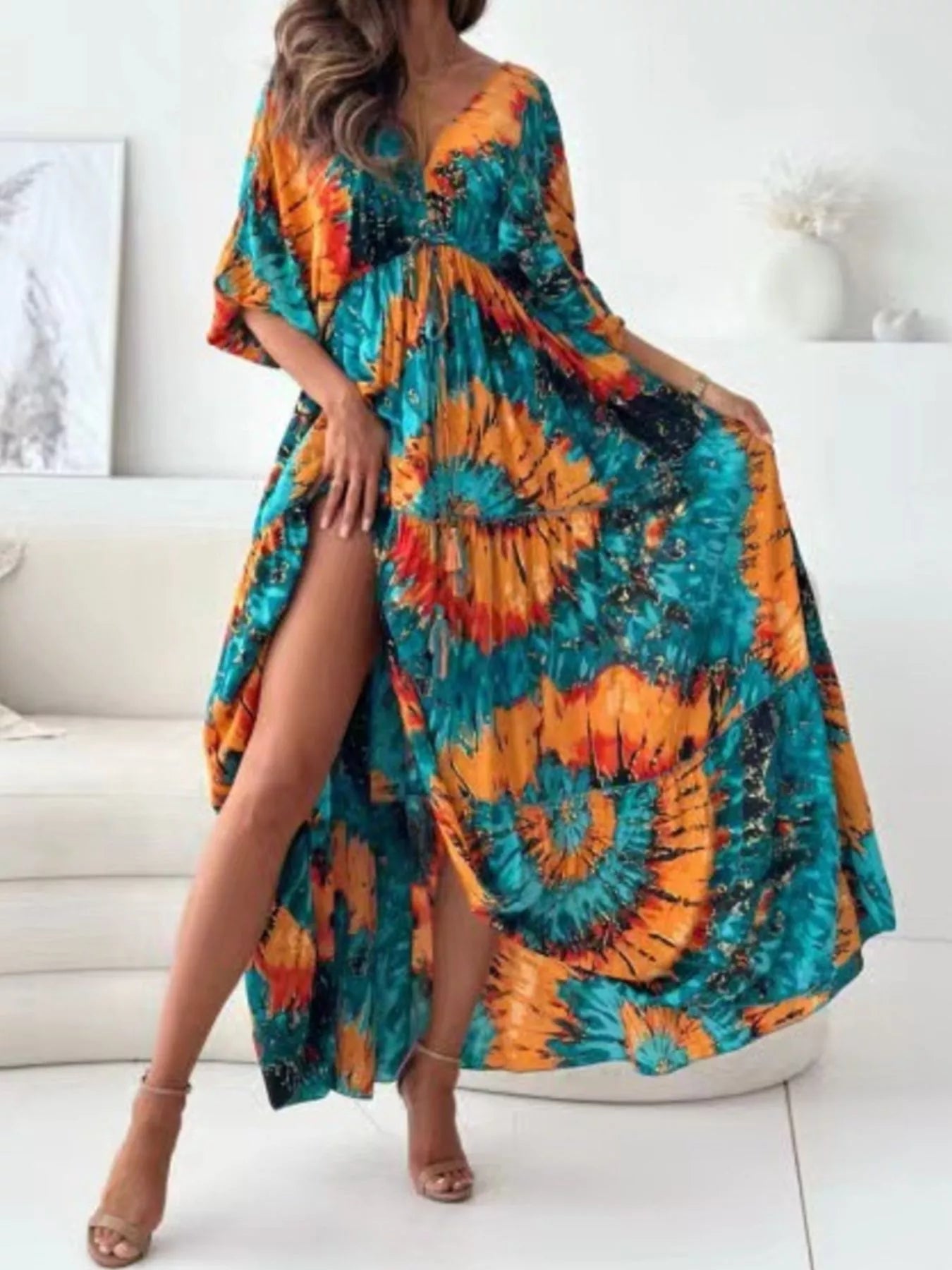 Trendsi Printed V-Neck Balloon Sleeve Slit Maxi Dress -