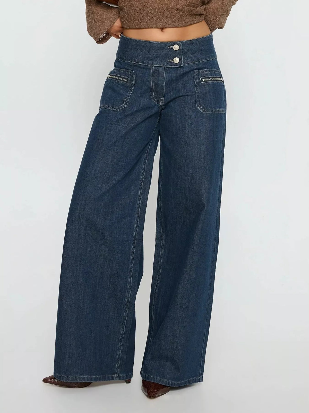 High-Waisted Wide-Leg Jeans with Zip Pockets, front view