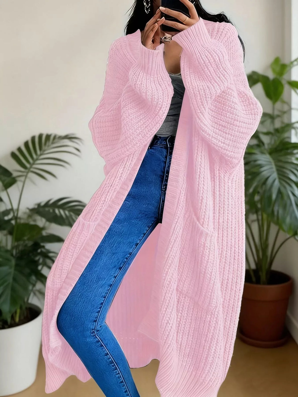 Longline knit cardigan, pink front