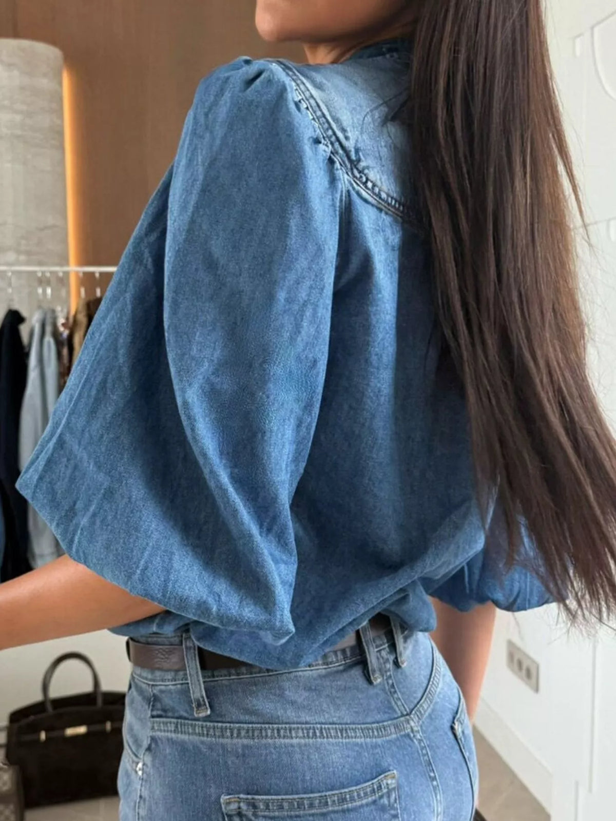 Trendsi Puff Sleeve Button Front Denim Top -