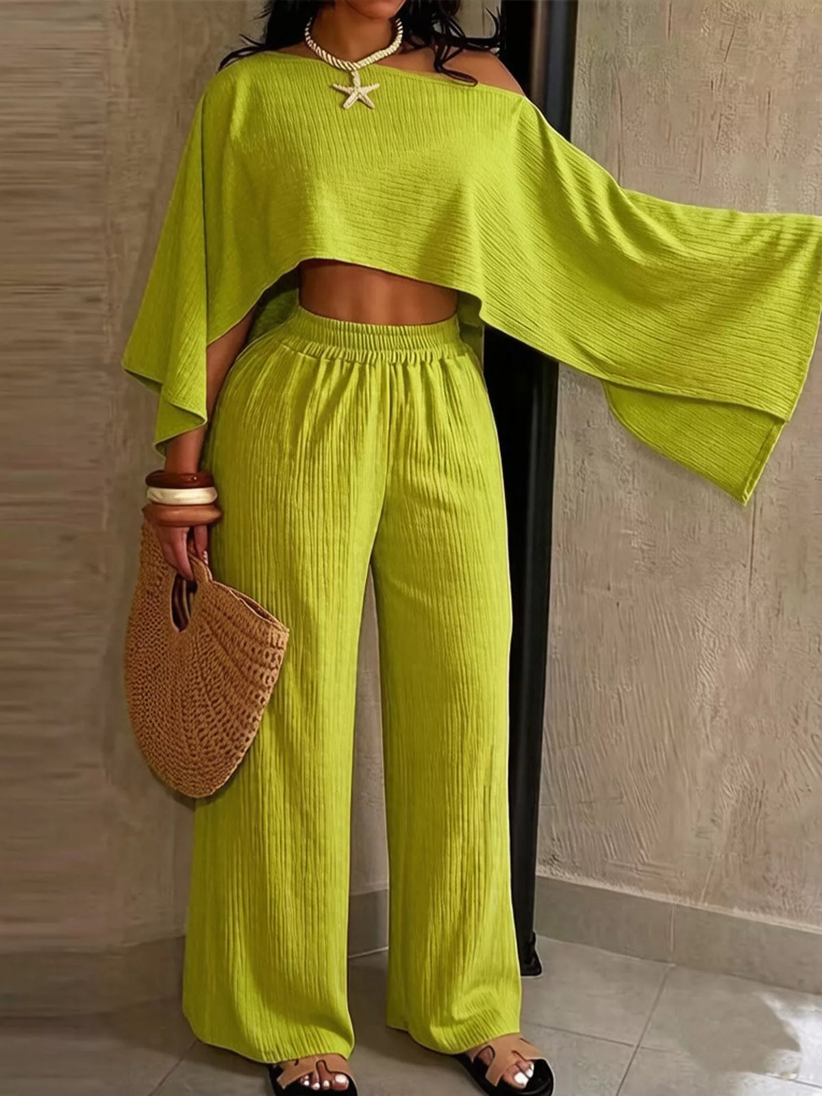 Women's Boat Neck Crop Top and Wide-Leg Pants Set in lime — front view