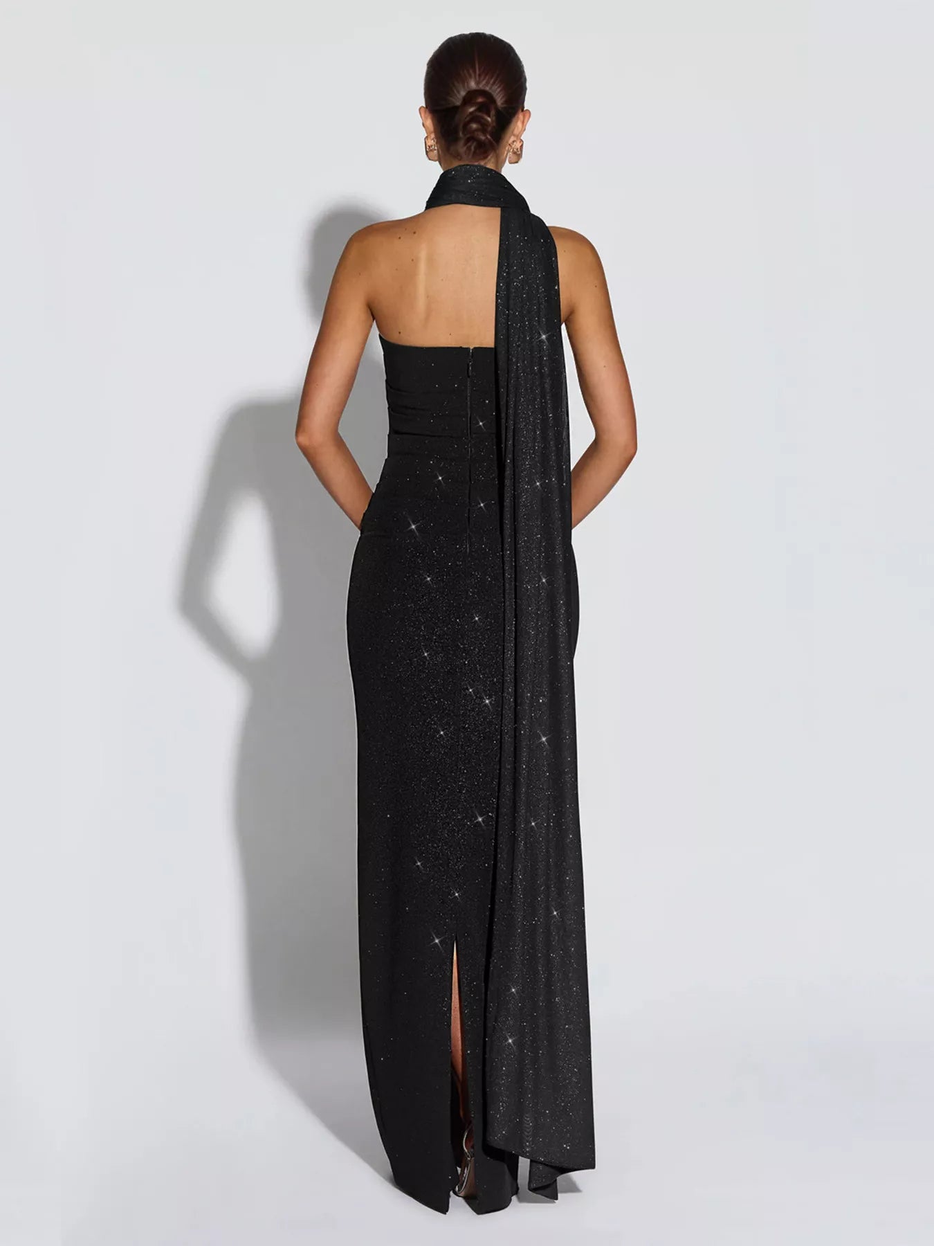 Trendsi Slit Glitter Tube Maxi Dress with Scarf -