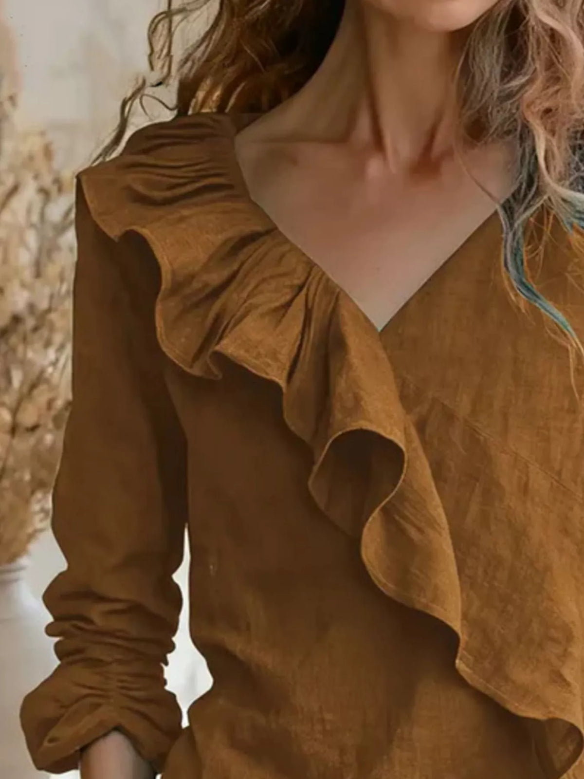 Trendsi V-Neck Ruffled Long Sleeve Blouse -