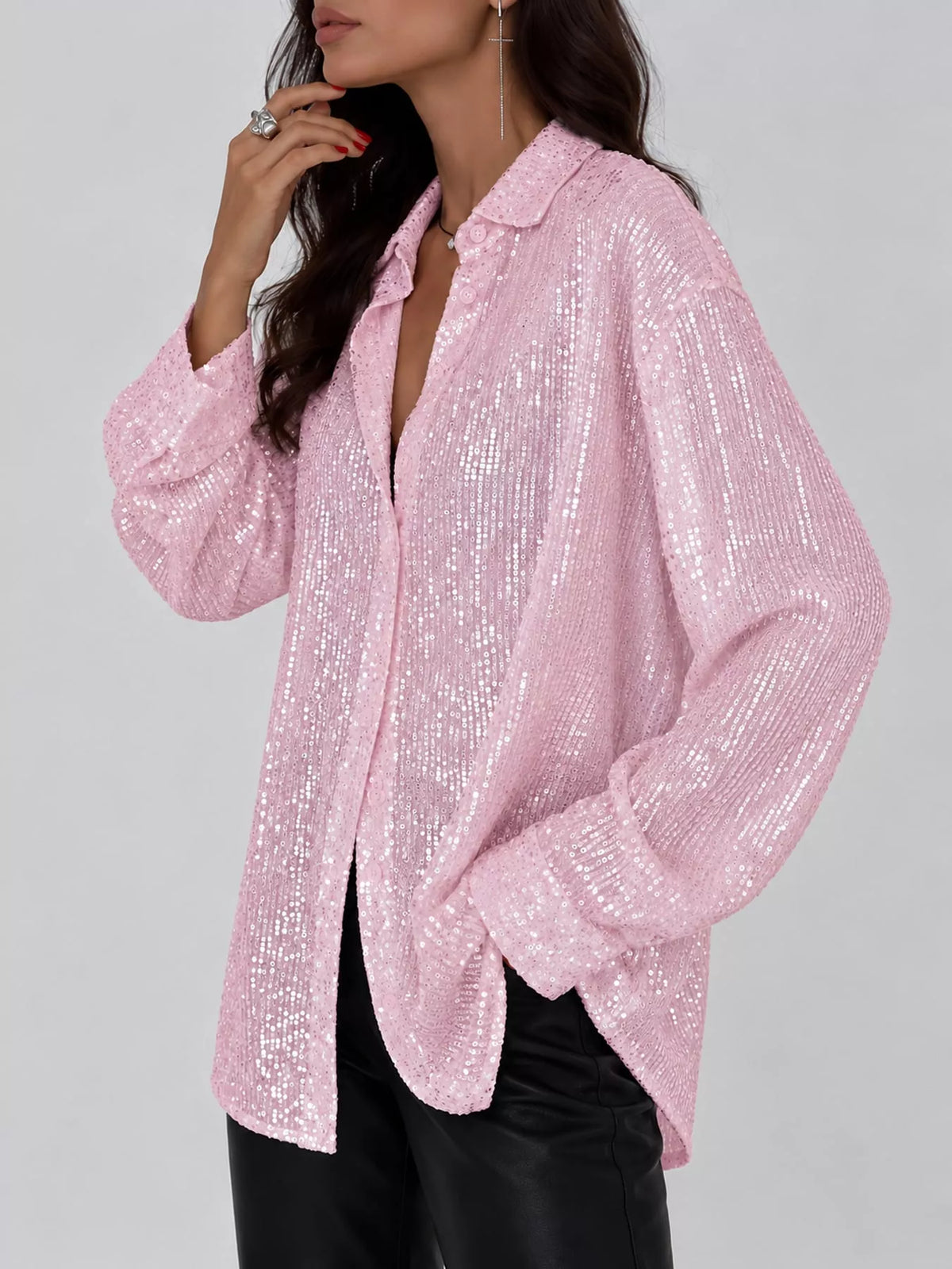 Pink sequin button up long sleeve shirt