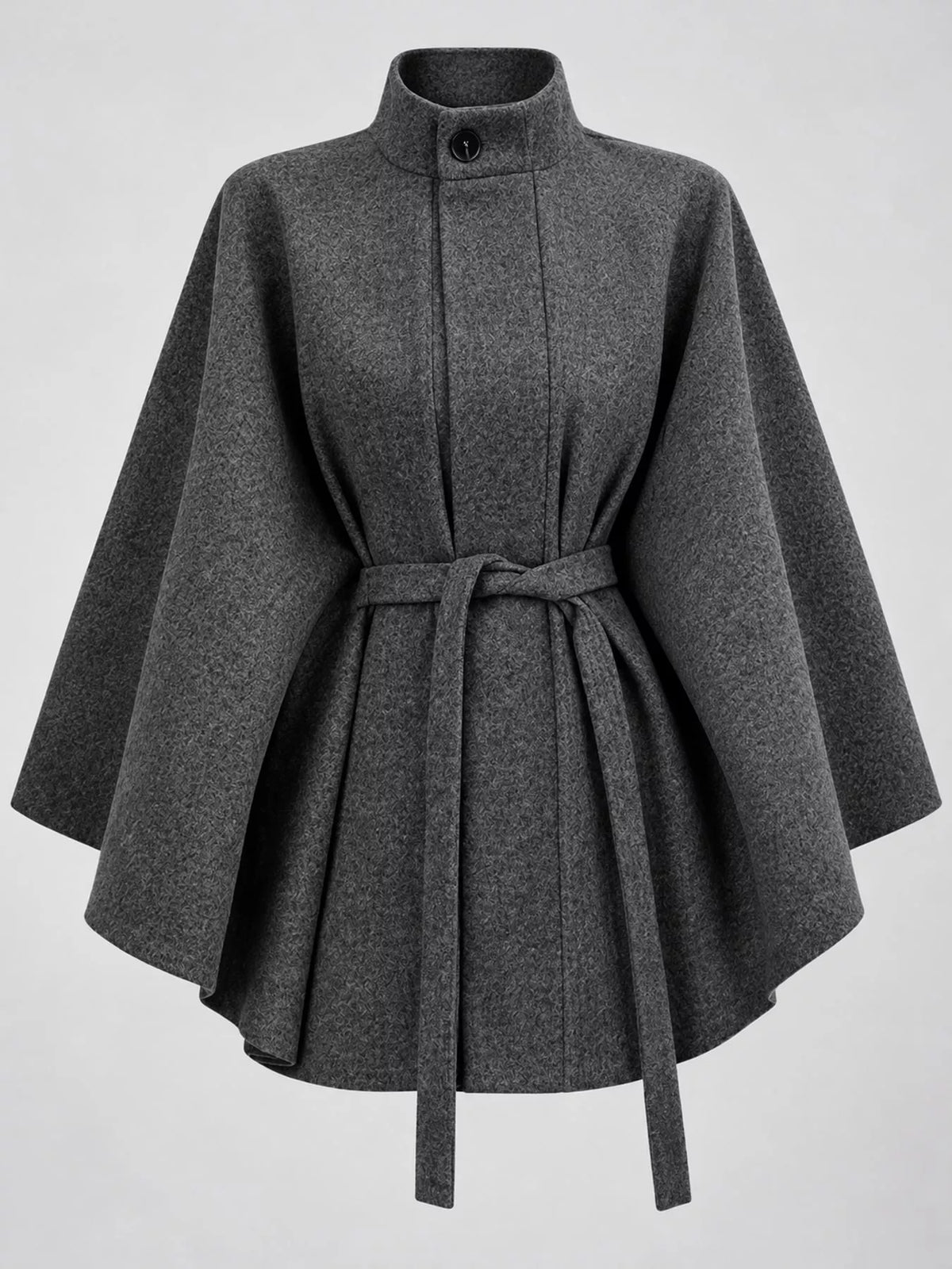 Charcoal tie-waist cape — front view