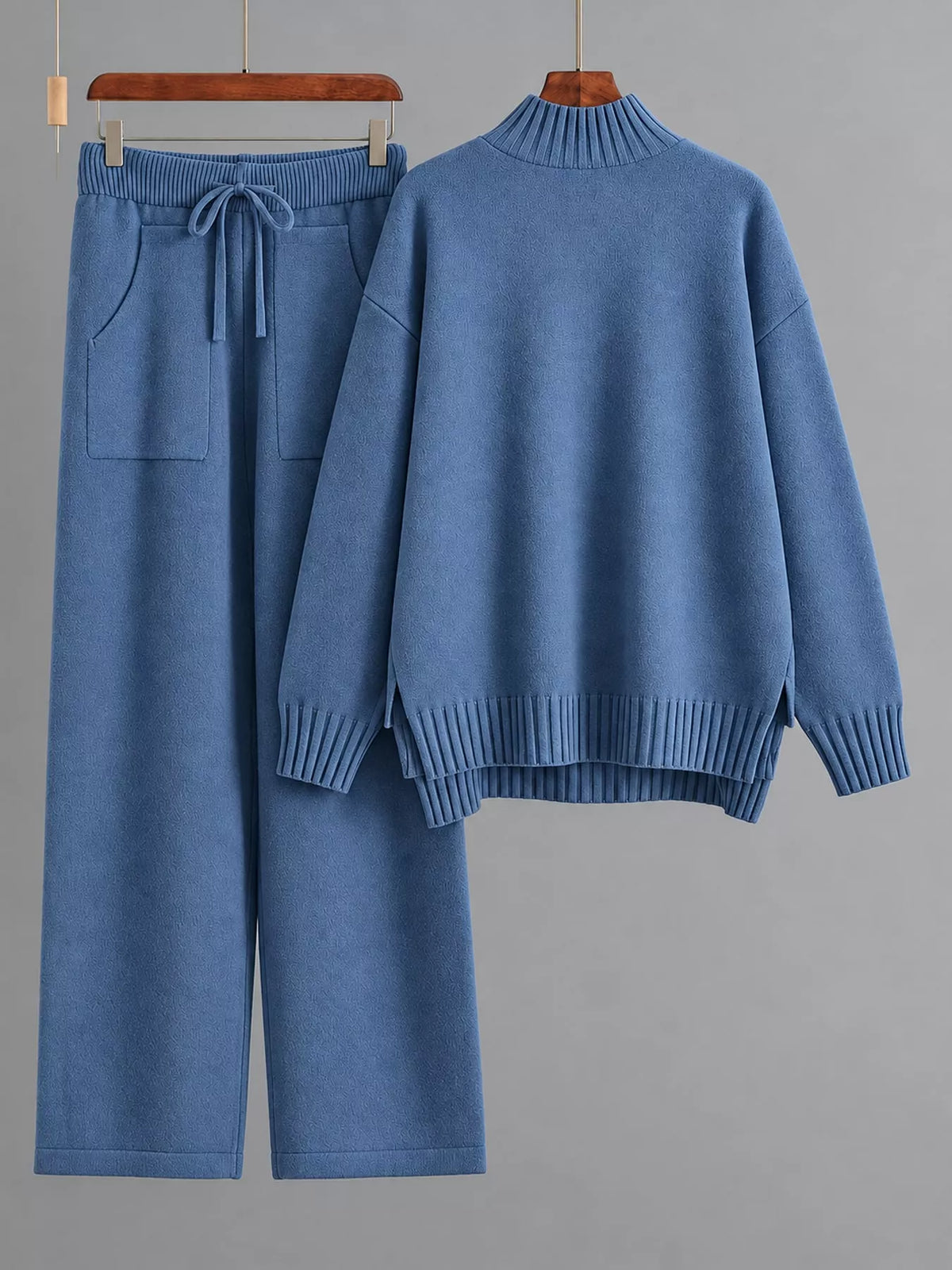 Mock Neck Sweater and Wide-Leg Pants Knit Set — garment front