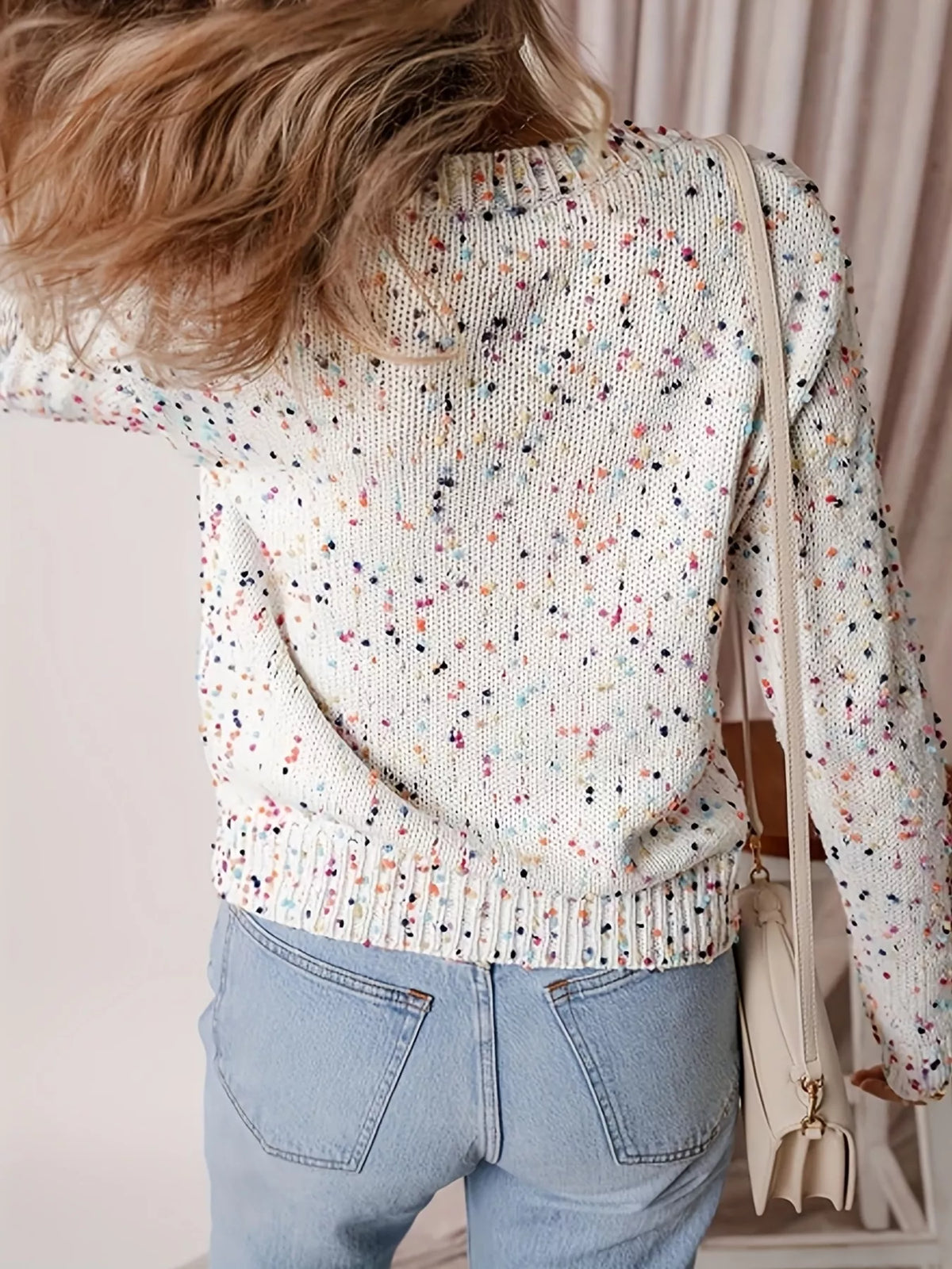 Textured Knit Button-Up Cardigan in white with multicolor flecks, back view
