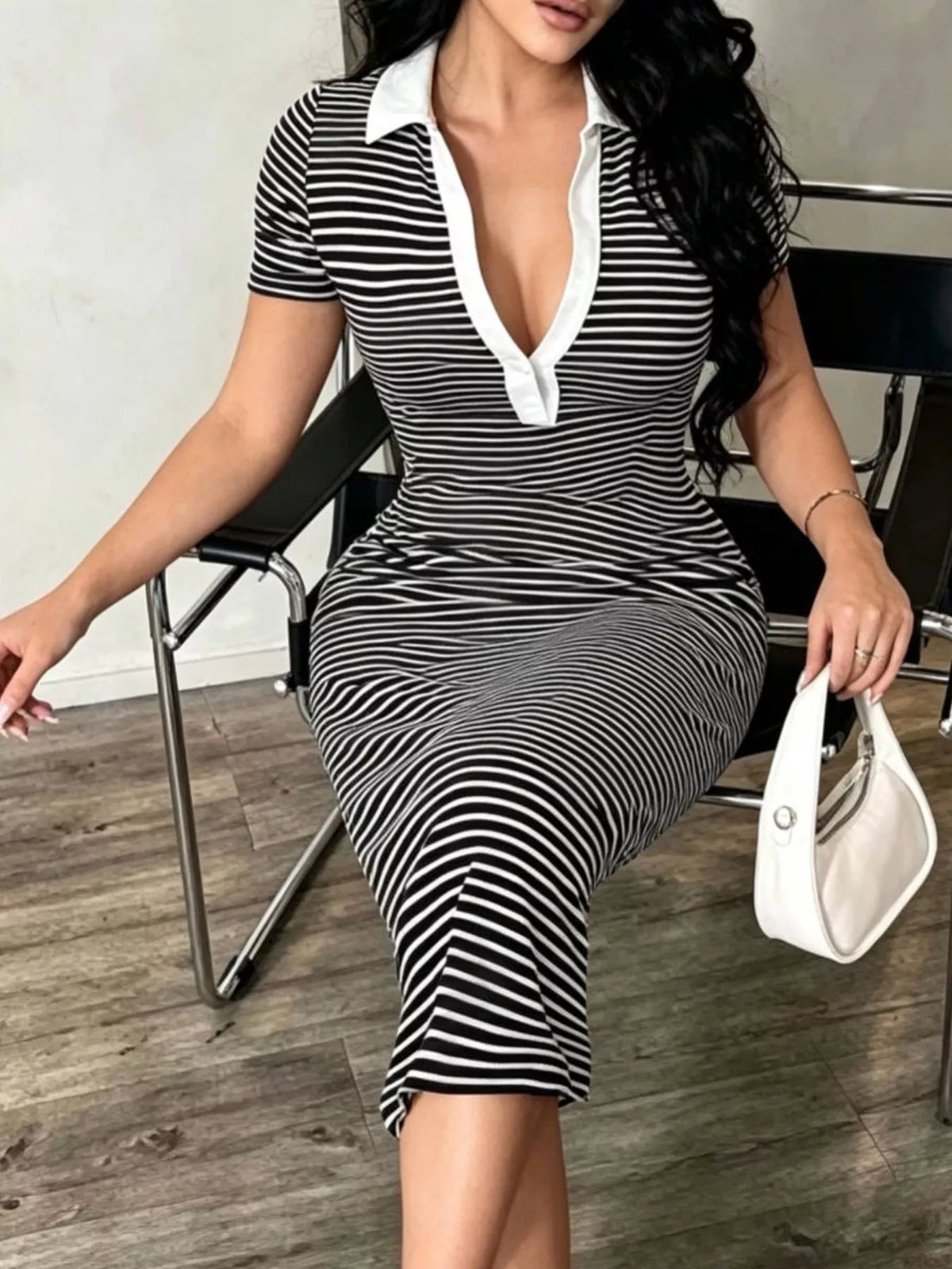 Striped Short Sleeve Bodycon Midi Dress in black and white, front view