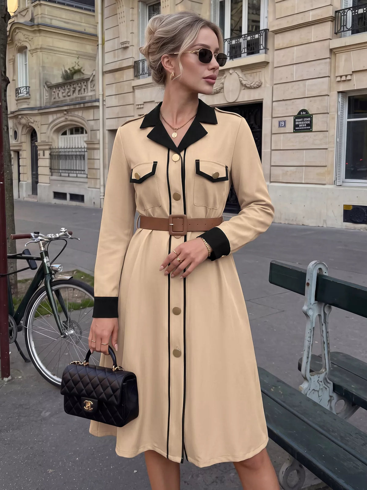 Khaki contrast lapel button front midi shirt dress