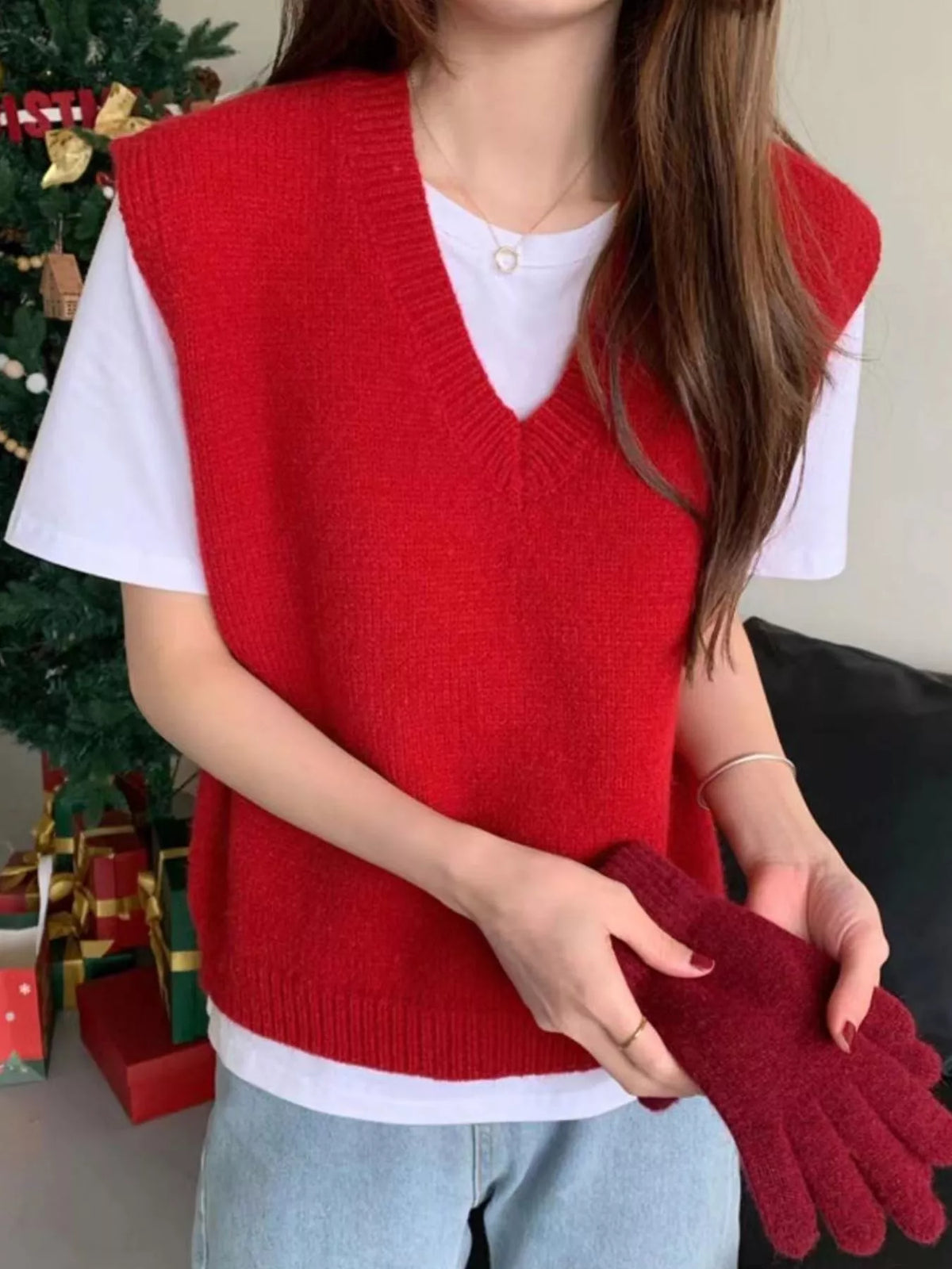 Red v-neck knit sweater vest