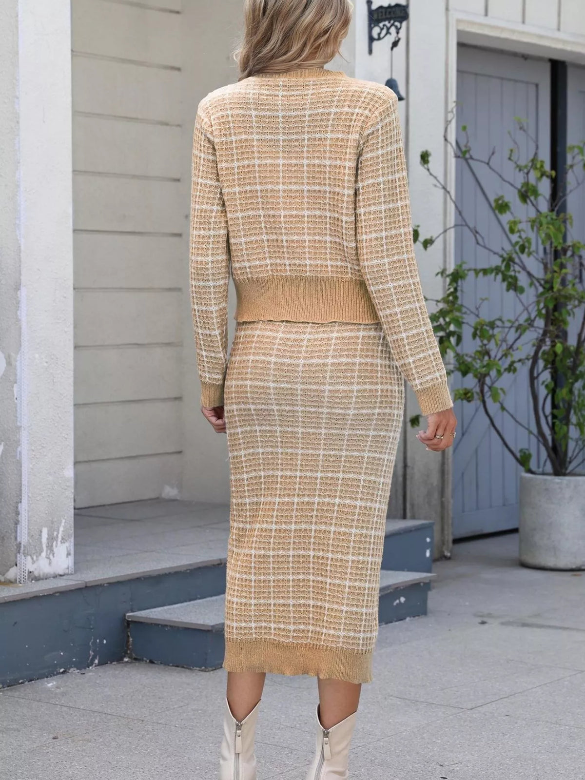 Plaid Cardigan and Midi Skirt Set