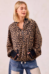 Trendsi BiBi Leopard Print Waffle Half Zip Up Hoodie W Pocket -