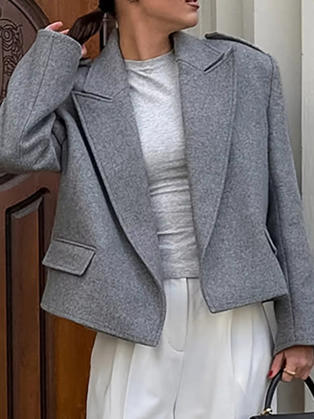 Collared long sleeve blazer, side view